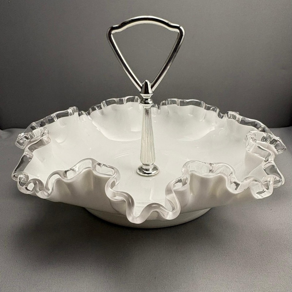 Vintage Fenton Silver Crest Milk Glass Candy Dish Ruffled Bowl with Handle